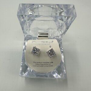 3/$30 Fresh & Co Crystal Collection Stud Earrings Princess Cut Halo  Silver Tone